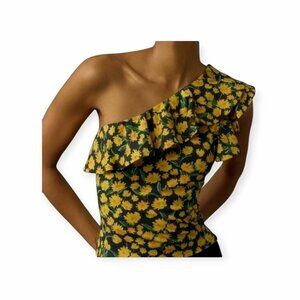Anthropologie Maeve Black Yellow Sunflower One Shoulder Ruffle Top Size S NWT